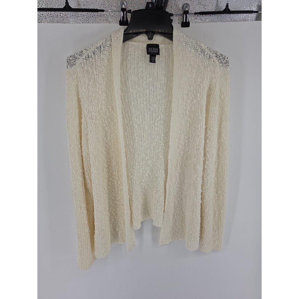 Eileen Fisher Petite PL Cotton Blend Open Front Slub Knit Cardigan Cream Ivory